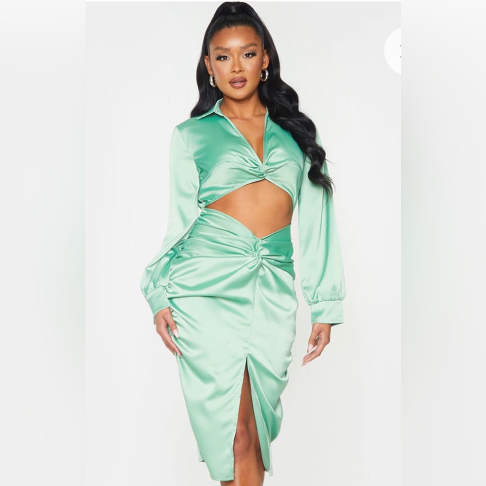Sage Green Satin Knot Skirt Cut Out Midi Dress